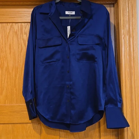 NWT Madewell Silk Flap-Pocket Button-Up Shirt $148 deep cobalt Blue medium - Picture 8 of 11